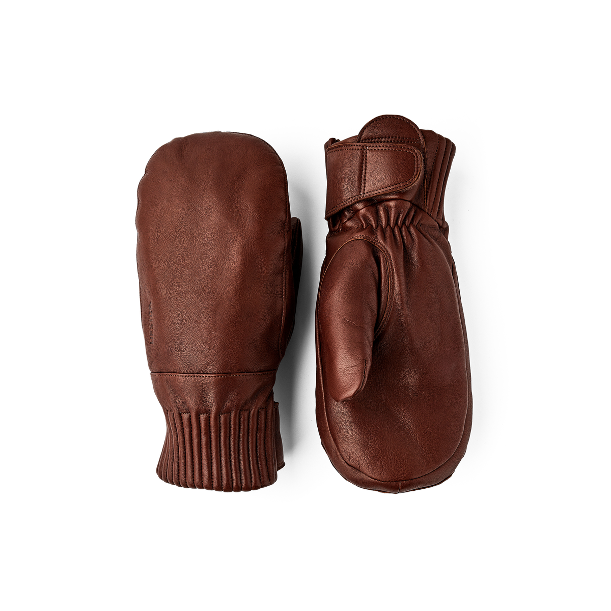 Brown wool mittens pair with ribbed knit cuffs and leather palm panels