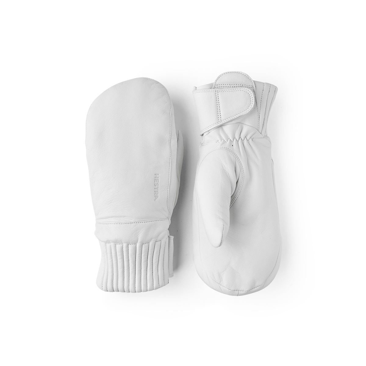 White wool mittens set, showing hand and thumb area with ribbed cuff