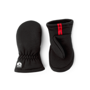 Kids fleece mitten liners in black, pair view with contoured thumb