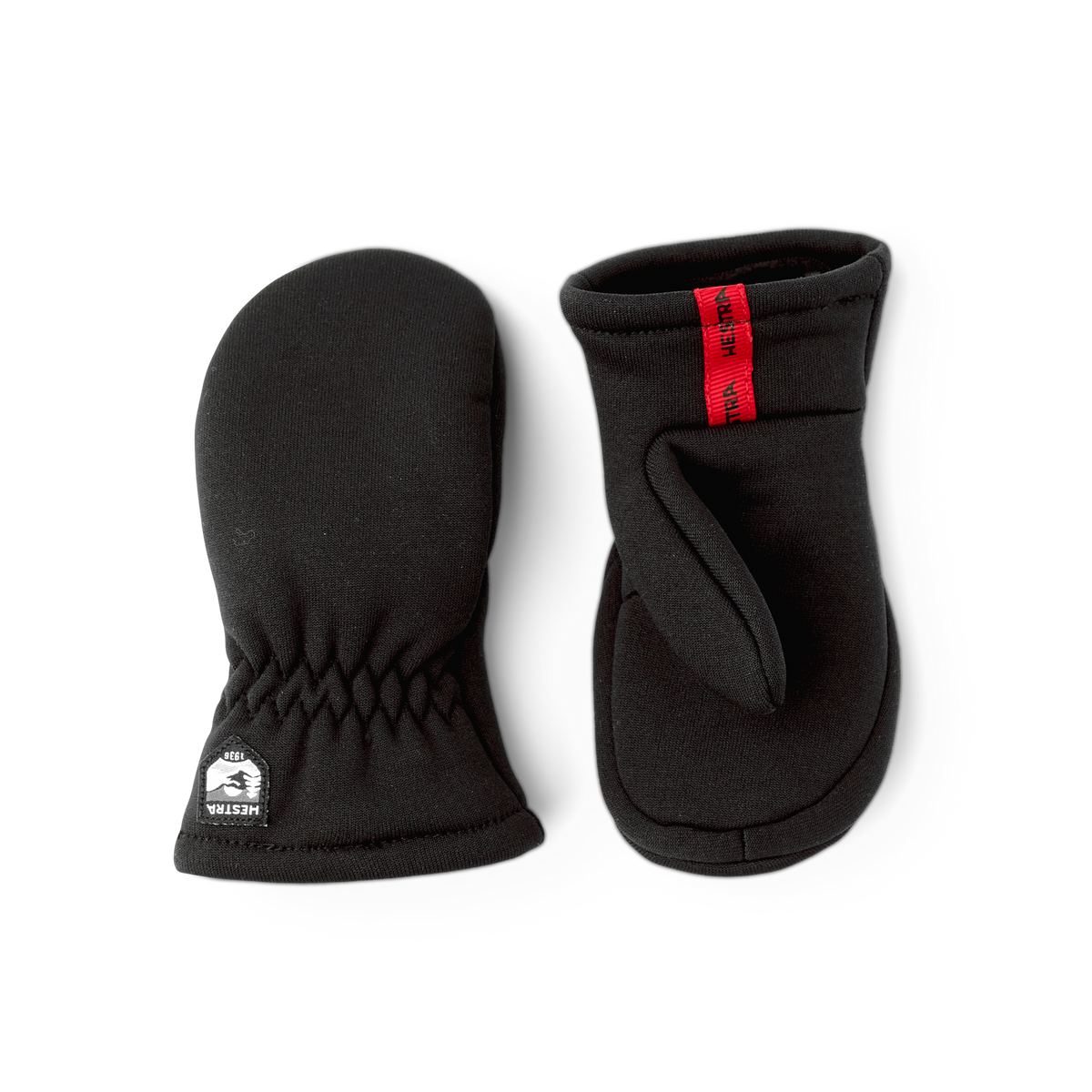 Kids fleece mitten liners in black, pair view with contoured thumb