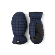 Navy quilted puffer mittens with elastic wrist cuff and logo patch