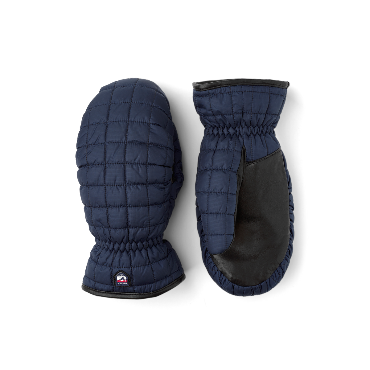 Navy quilted puffer mittens with elastic wrist cuff and logo patch