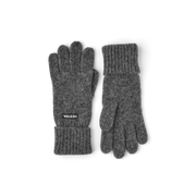 Grey knit glove liners with Hestra logo patch, fingerless-style coverage
