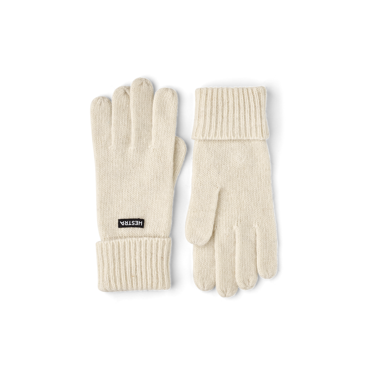 Off-white knit glove liners with ribbed cuffs and five-finger design