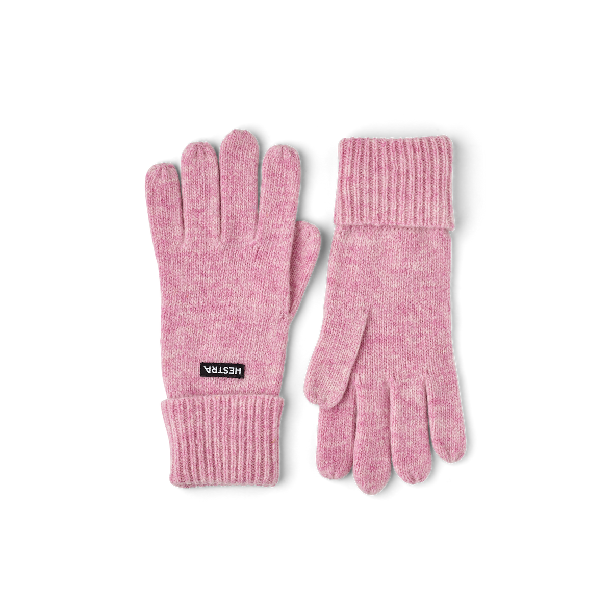 Pink knit glove liners with ribbed cuffs and five-finger design