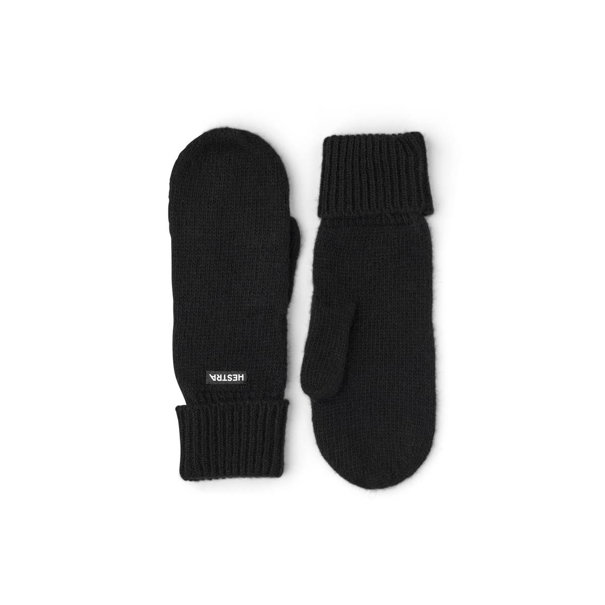 Black knit mitten liners with ribbed cuffs and HESTRA label.
