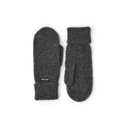 Dark grey knit mitten liners with ribbed cuffs and HESTRA label.