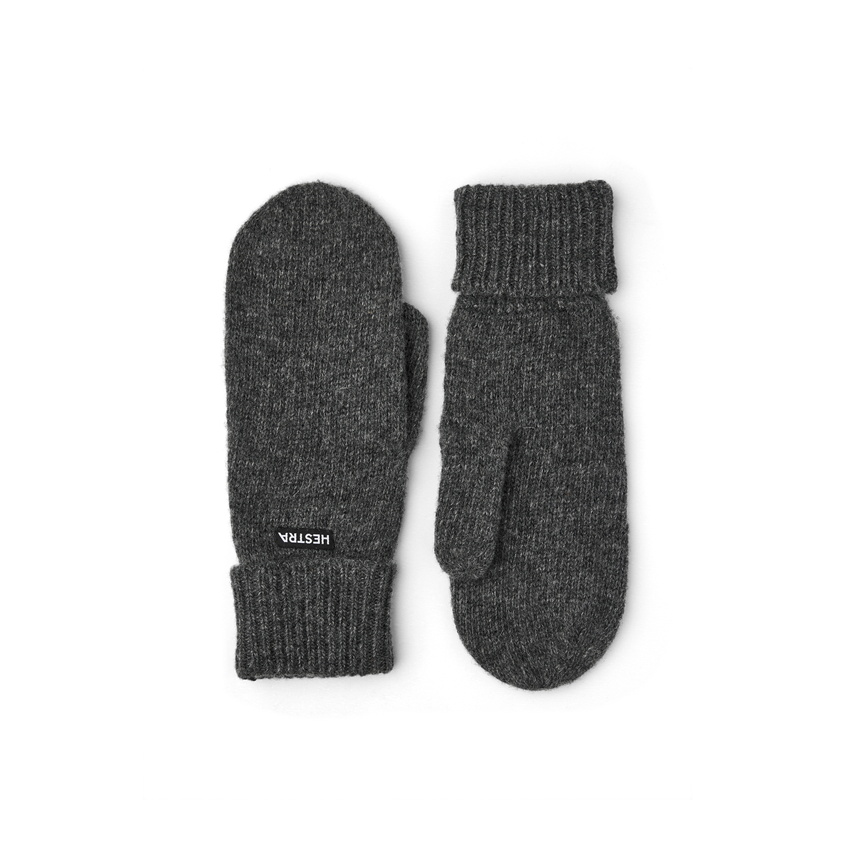 Dark grey knit mitten liners with ribbed cuffs and HESTRA label.