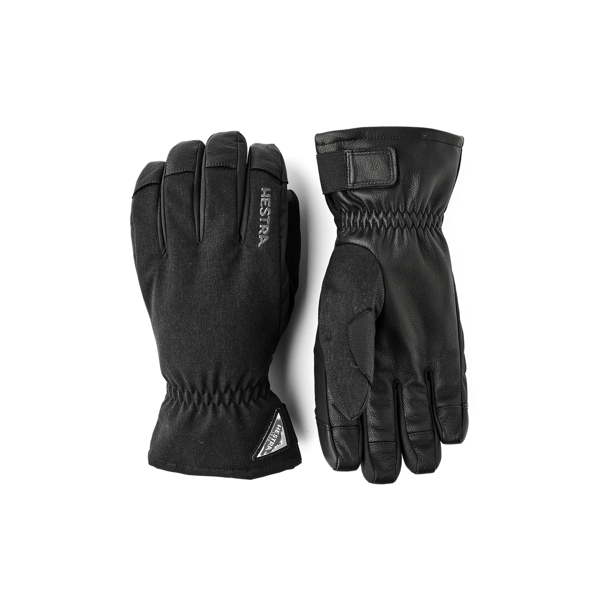 Black powder short gloves with textured fabric cuffs and leather palms