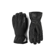 Black powder short gloves with textured fabric cuffs and leather palms