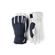 Navy powder short gloves with white leather palms and knit wrist cuffs