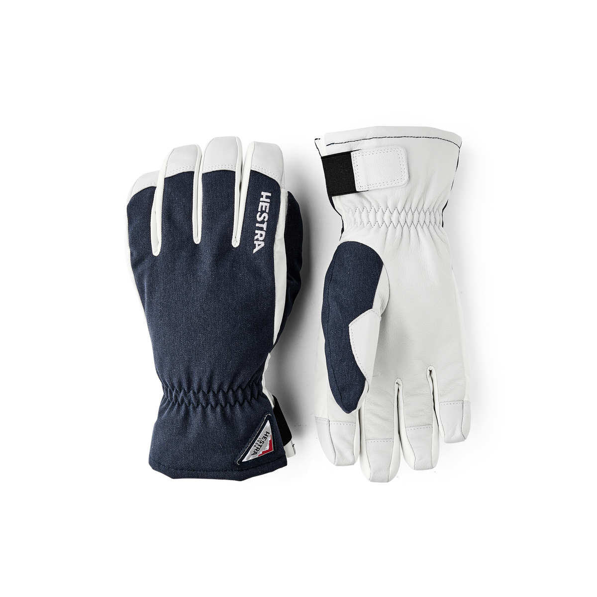 Navy powder short gloves with white leather palms and knit wrist cuffs