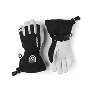 Kids ski gloves, black and white with logo patch and adjustable wrist strap