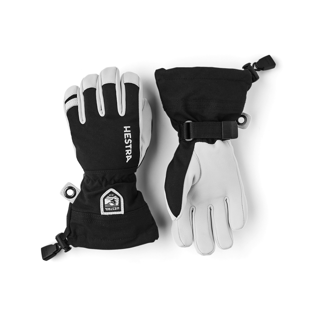 Kids ski gloves, black and white with logo patch and adjustable wrist strap