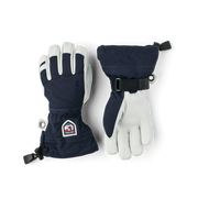 Kids navy and white ski gloves with wrist strap, logo patch, and grommet