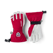 Hestra junior ski gloves set in red with white palms and black adjustable wrist strap