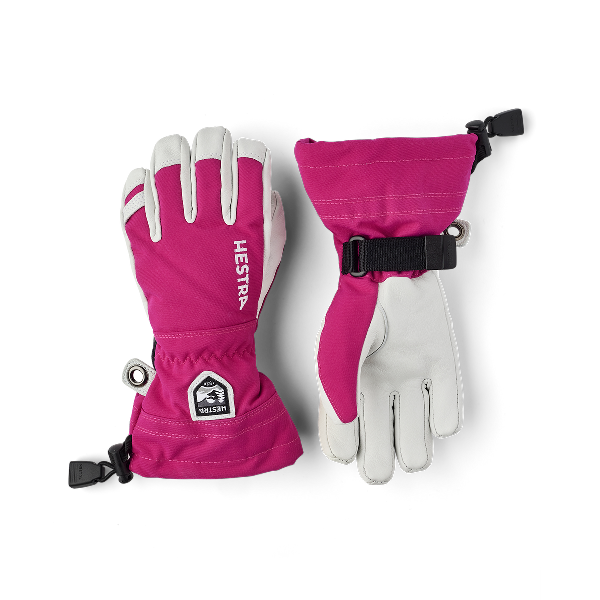 Kids ski gloves set with fuchsia shells and white leather palms