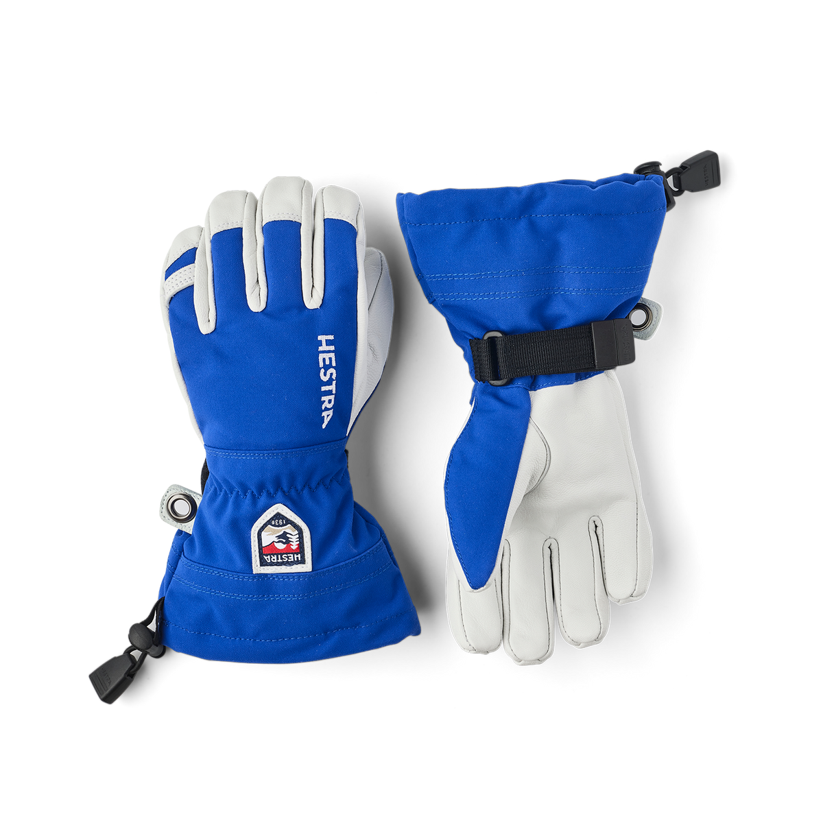 Kids ski gloves set: blue left and navy right with wrist strap and grommet