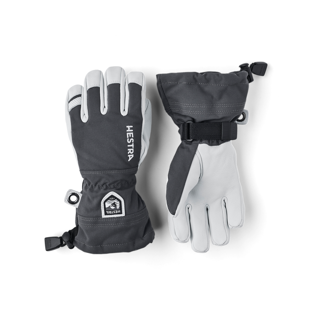 Kids ski gloves in dark grey with white leather palms and wrist strap hardware