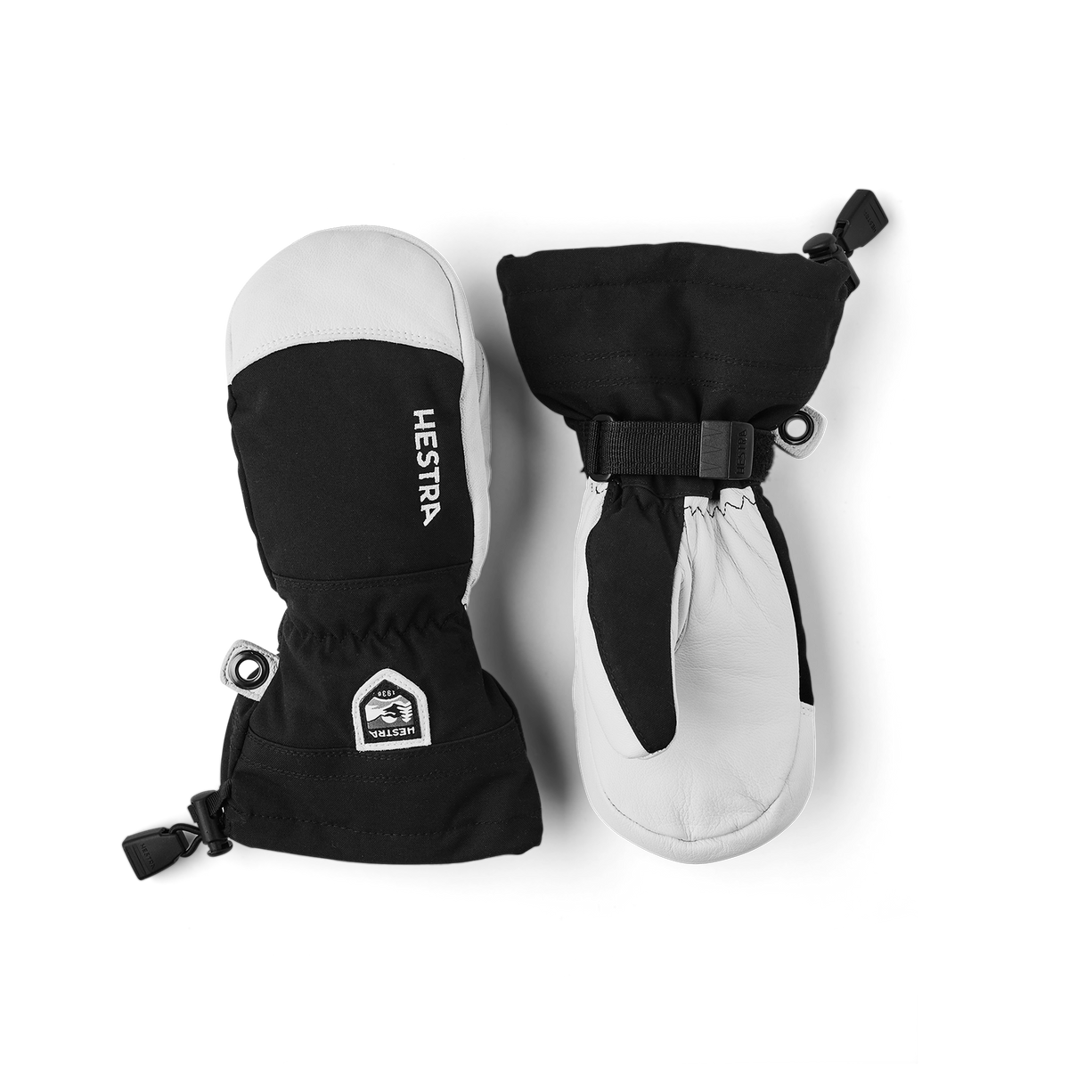 Pair of black and white junior ski gloves with wrist straps and leather palms