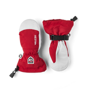 Pair of kids ski mittens, red and gray with wrist strap and Hestra patch