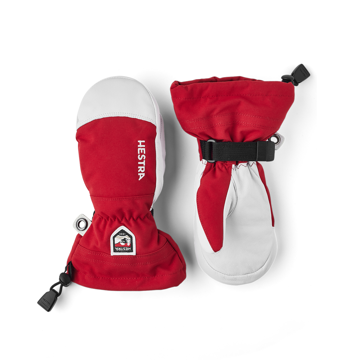 Pair of kids ski mittens, red and gray with wrist strap and Hestra patch