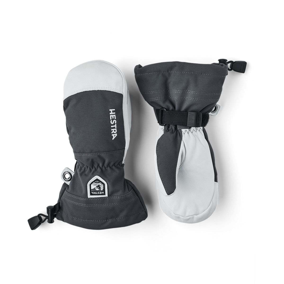Pair of junior ski mittens in dark gray with white palm panels