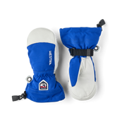 Pair of junior ski mittens with blue and white color block design