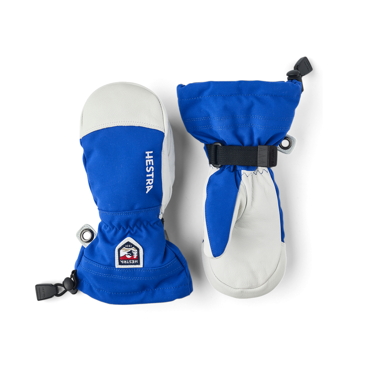 Pair of junior ski mittens with blue and white color block design