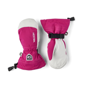 Pair of kids ski mittens in magenta and white with black wrist straps and snap tabs