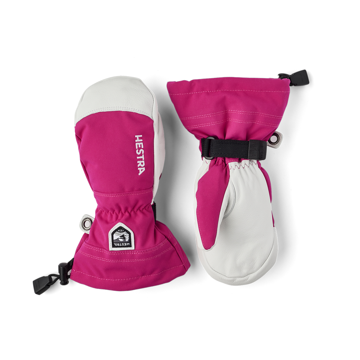 Pair of kids ski mittens in magenta and white with black wrist straps and snap tabs