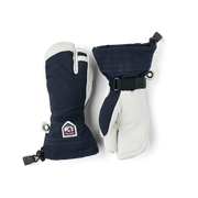 Junior ski gloves and mittens with navy fabric, white leather palm, and black wrist strap