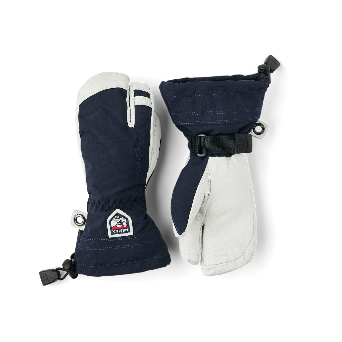 Junior ski gloves and mittens with navy fabric, white leather palm, and black wrist strap