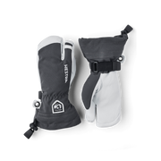 Junior ski gloves and mittens in gray and white with black strap and wrist pull
