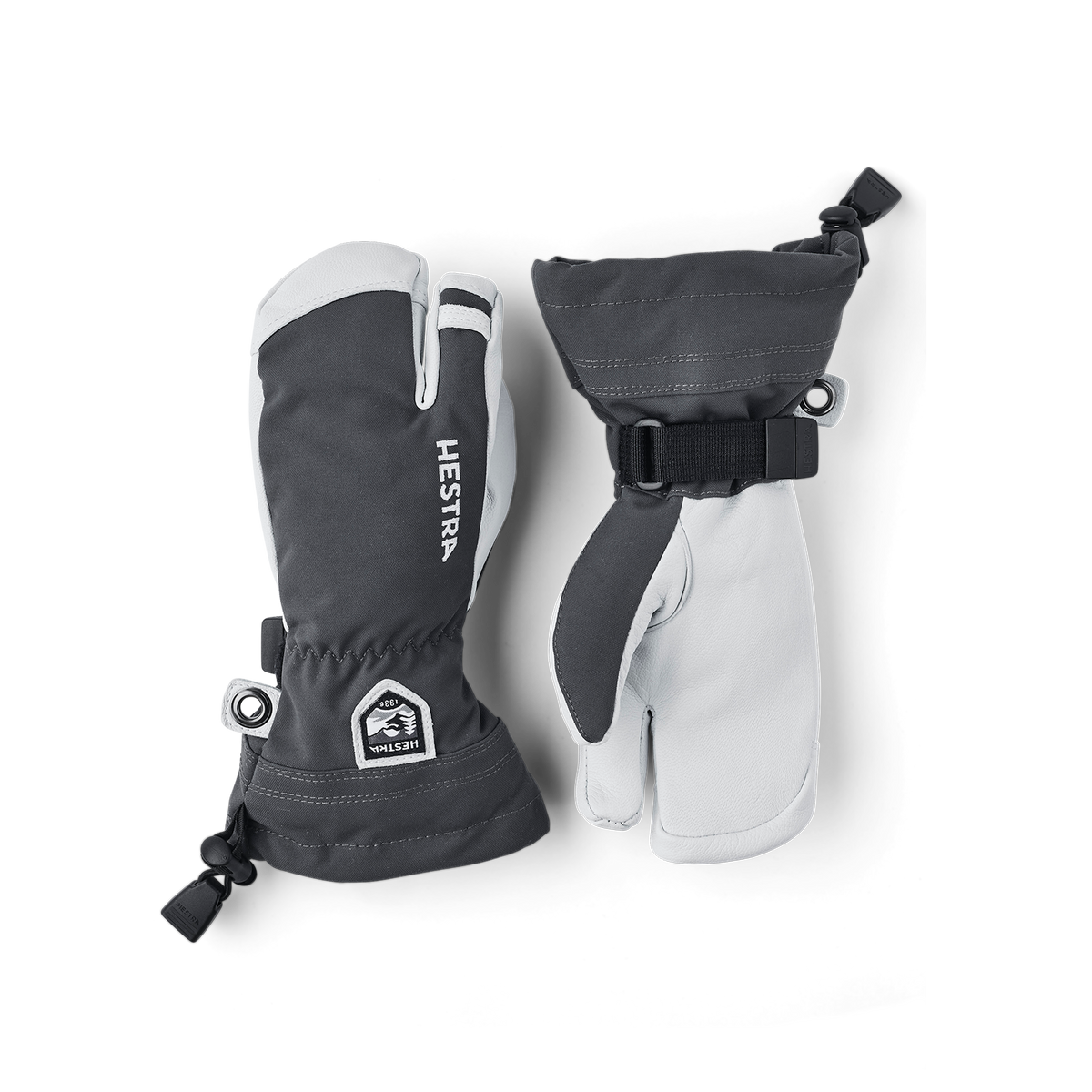 Junior ski gloves and mittens in gray and white with black strap and wrist pull