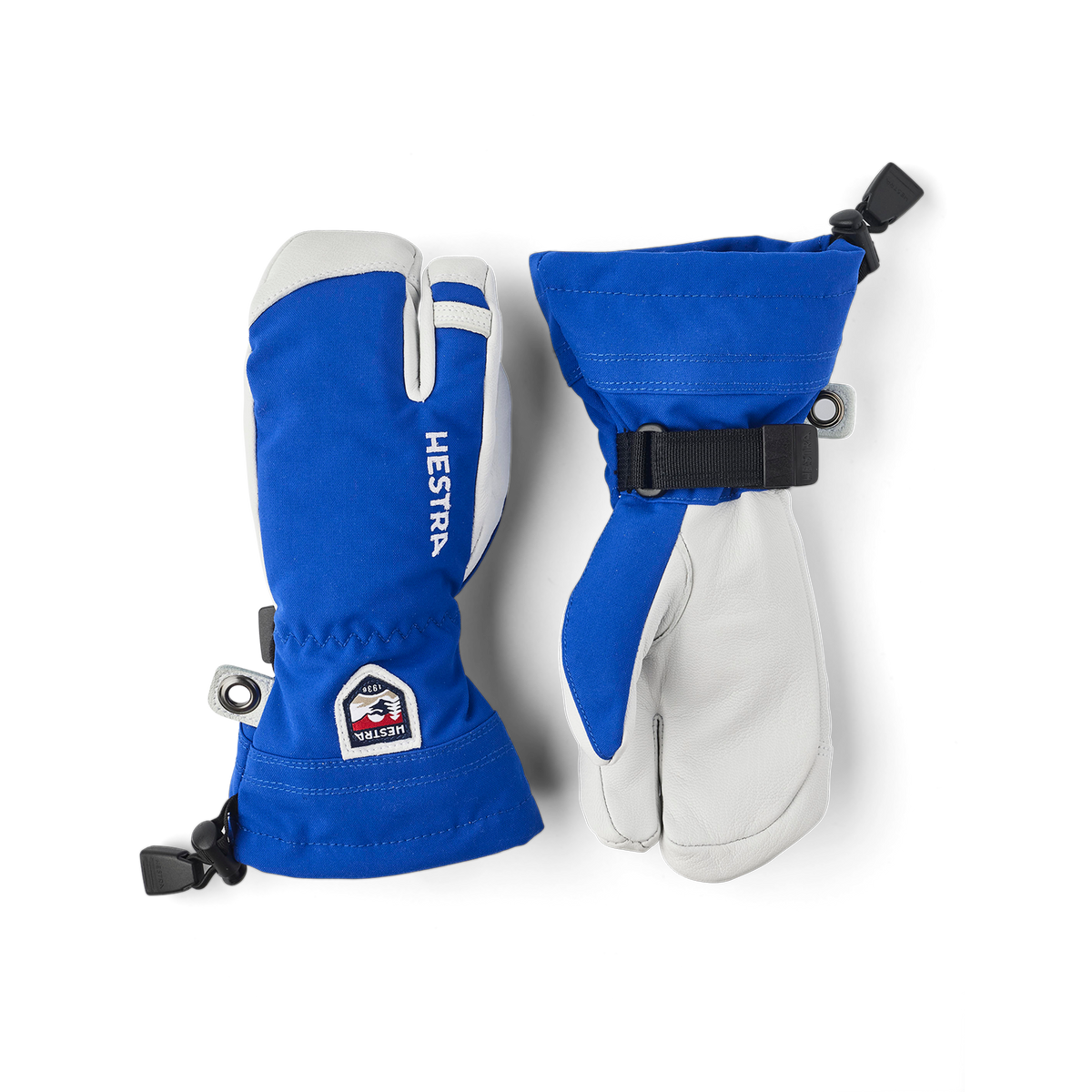Pair of junior ski mittens in royal blue with white palms and adjustable wrist straps