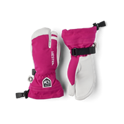Junior ski gloves and mittens in fuchsia with black strap and white leather palm