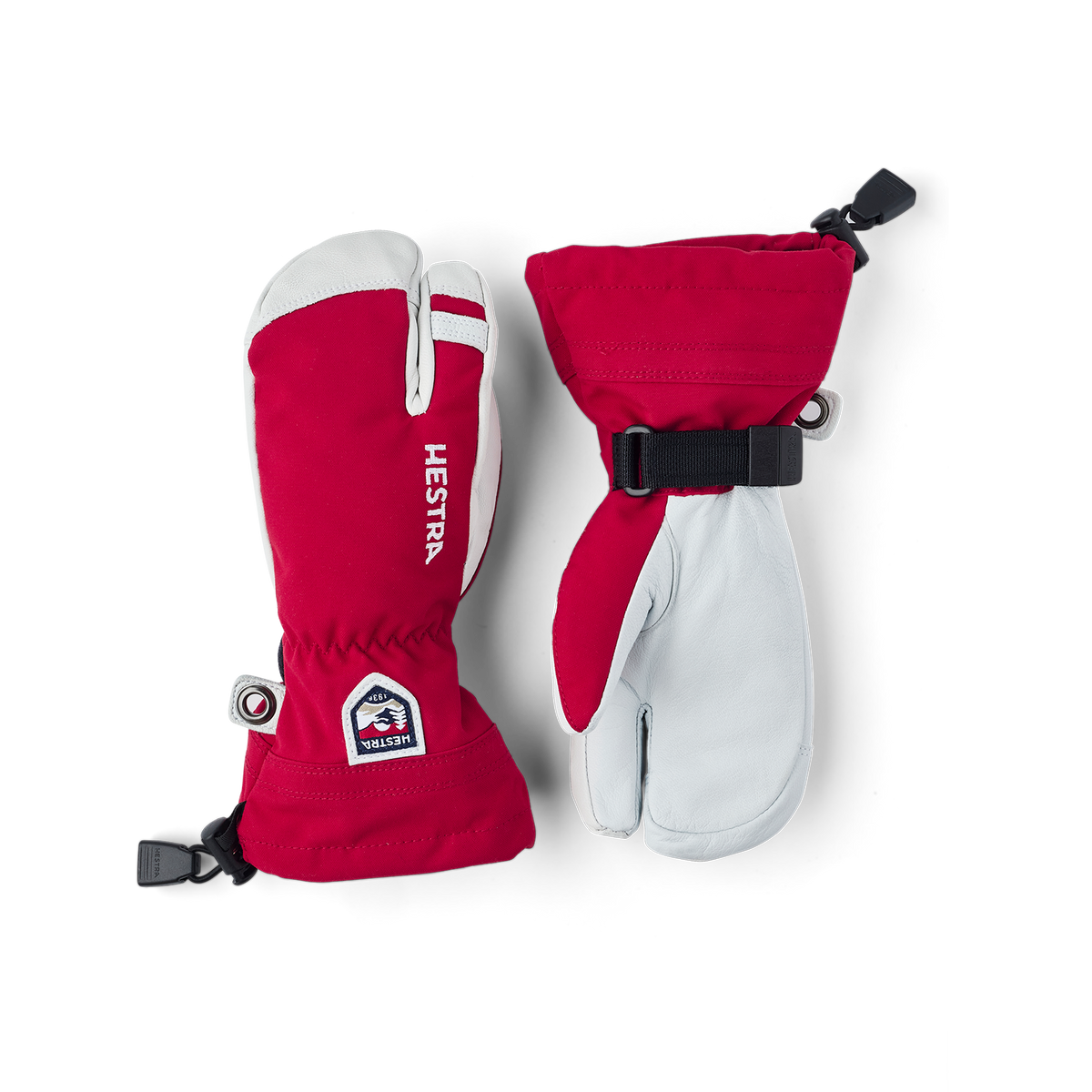 Pair of junior ski mittens in fuchsia with white palms and adjustable wrist straps