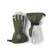 Olive green and white ski glove pair with wrist strap and protective seams.