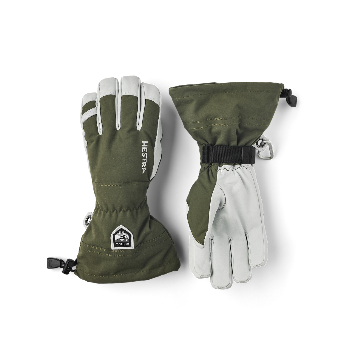 Olive green and white ski glove pair with wrist strap and protective seams.