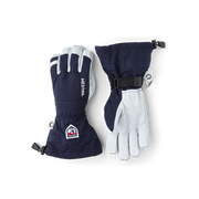 Navy and white ski glove pair with wrist strap and hook loop closure.