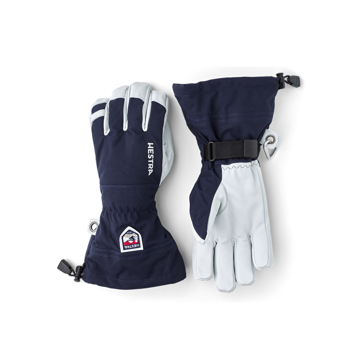 Navy and white ski glove pair with wrist strap and hook loop closure.