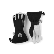 Black and white ski gloves with hook strap cuff and leather-look palms