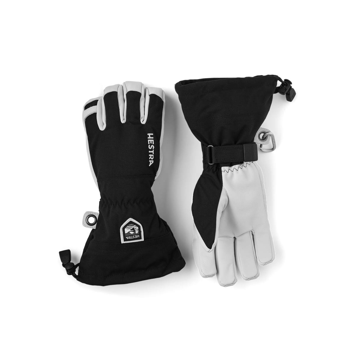 Black and white ski gloves with hook strap cuff and leather-look palms