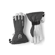 Pair of dark gray ski gloves with light gray palms and hook-and-loop cuff closure
