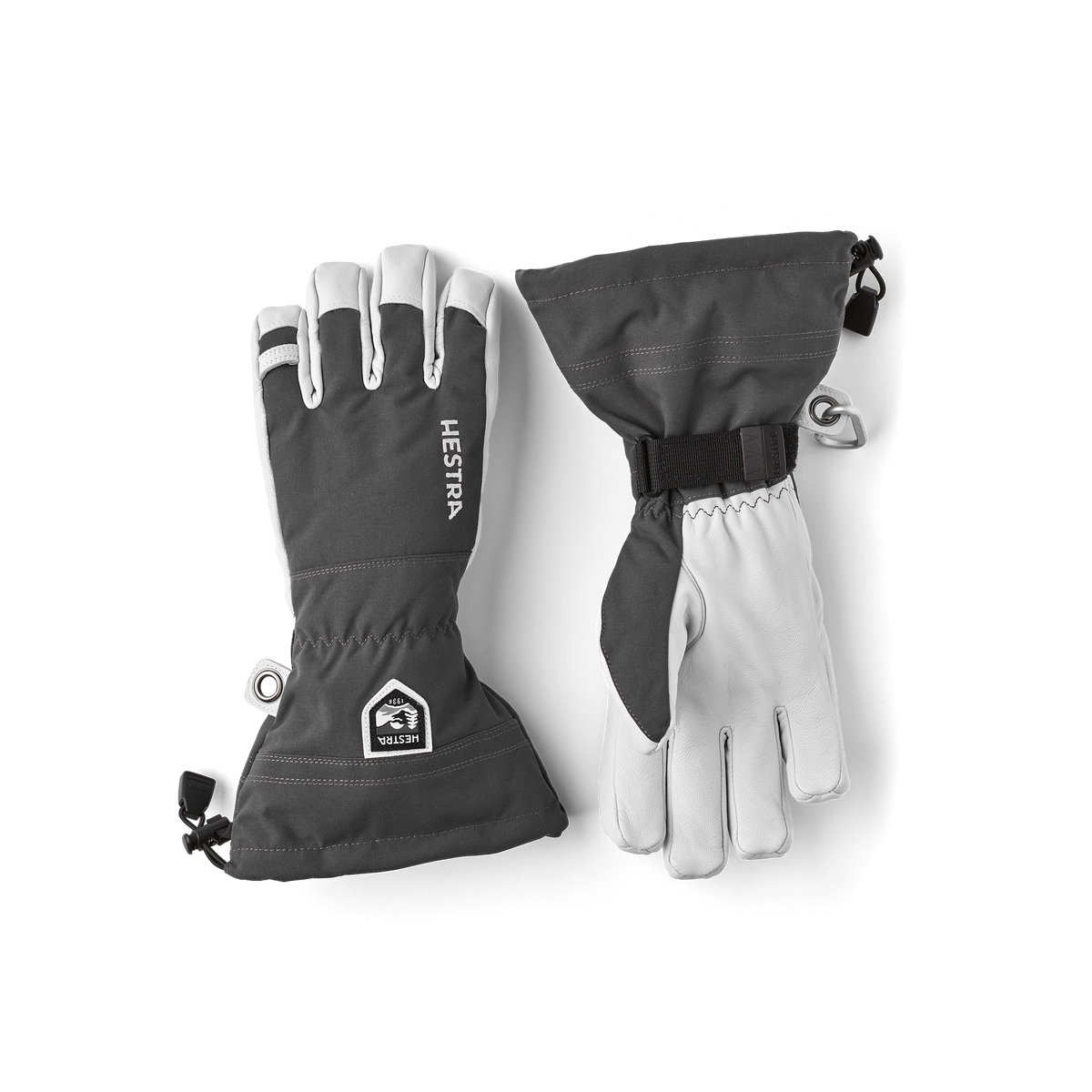 Pair of dark gray ski gloves with light gray palms and hook-and-loop cuff closure