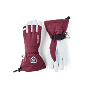 Maroon ski gloves with white palms, logo patch, and hook-and-loop wrist strap