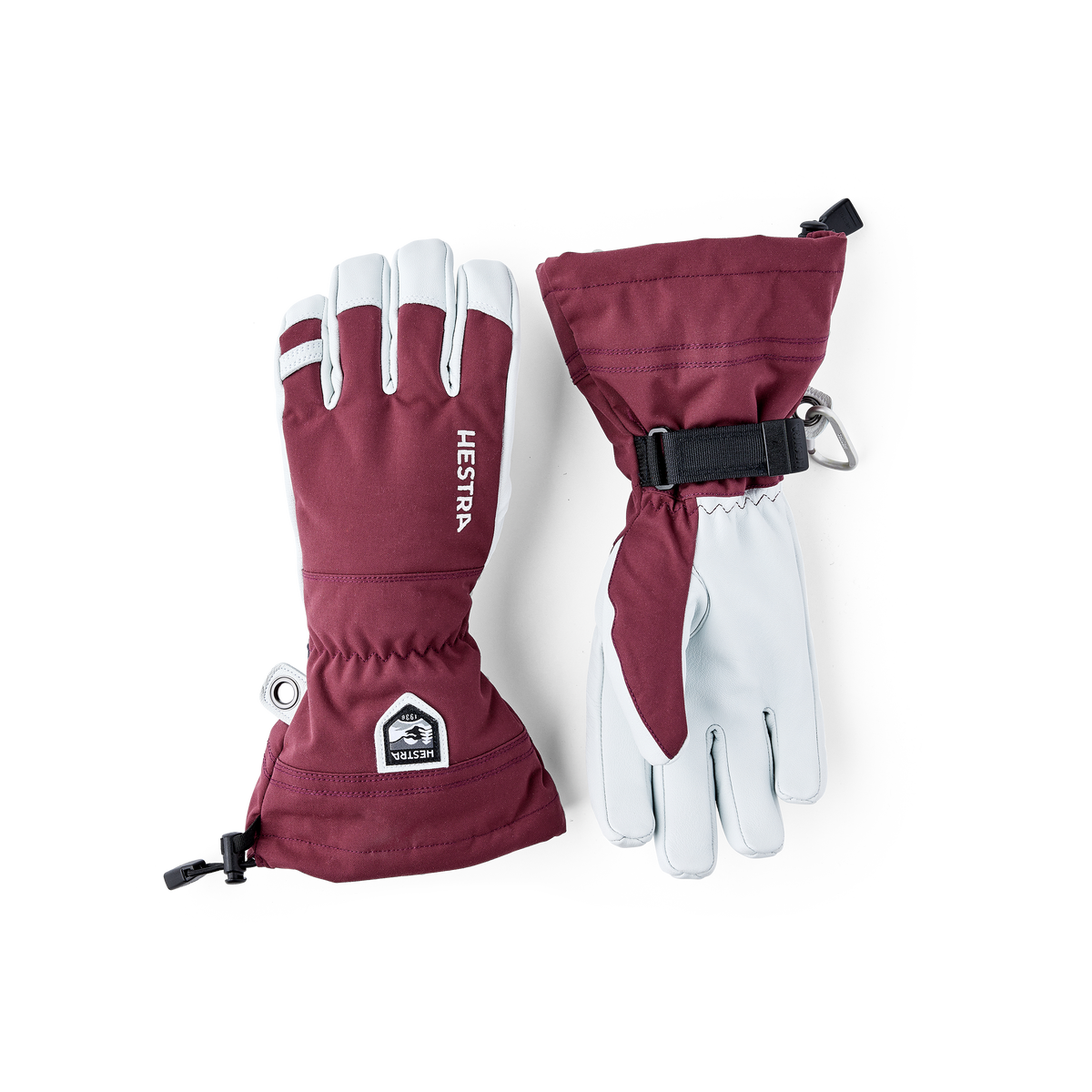 Maroon ski gloves with white palms, logo patch, and hook-and-loop wrist strap
