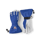 Royal blue ski gloves with white palms, logo patch, and adjustable wrist strap