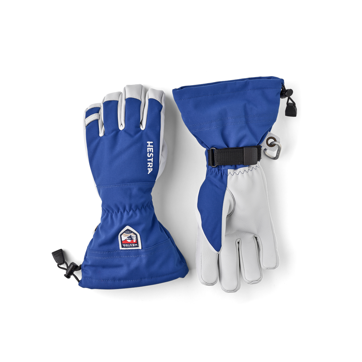 Royal blue ski gloves with white palms, logo patch, and adjustable wrist strap